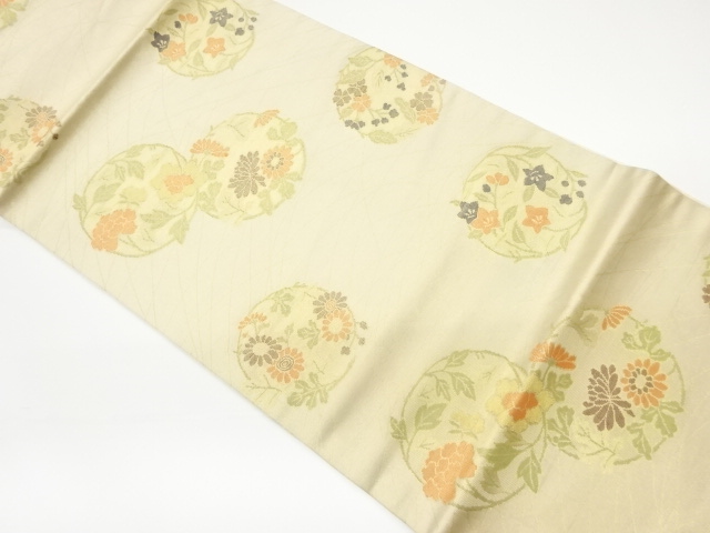 丸に花々模様織出し開き名古屋帯（額縁仕立て）